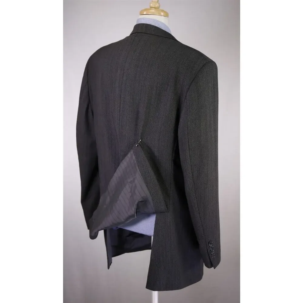 Matte Maas Black Herringbone Peak Lapel Wool 2-Btn Sportcoat Blazer 46L